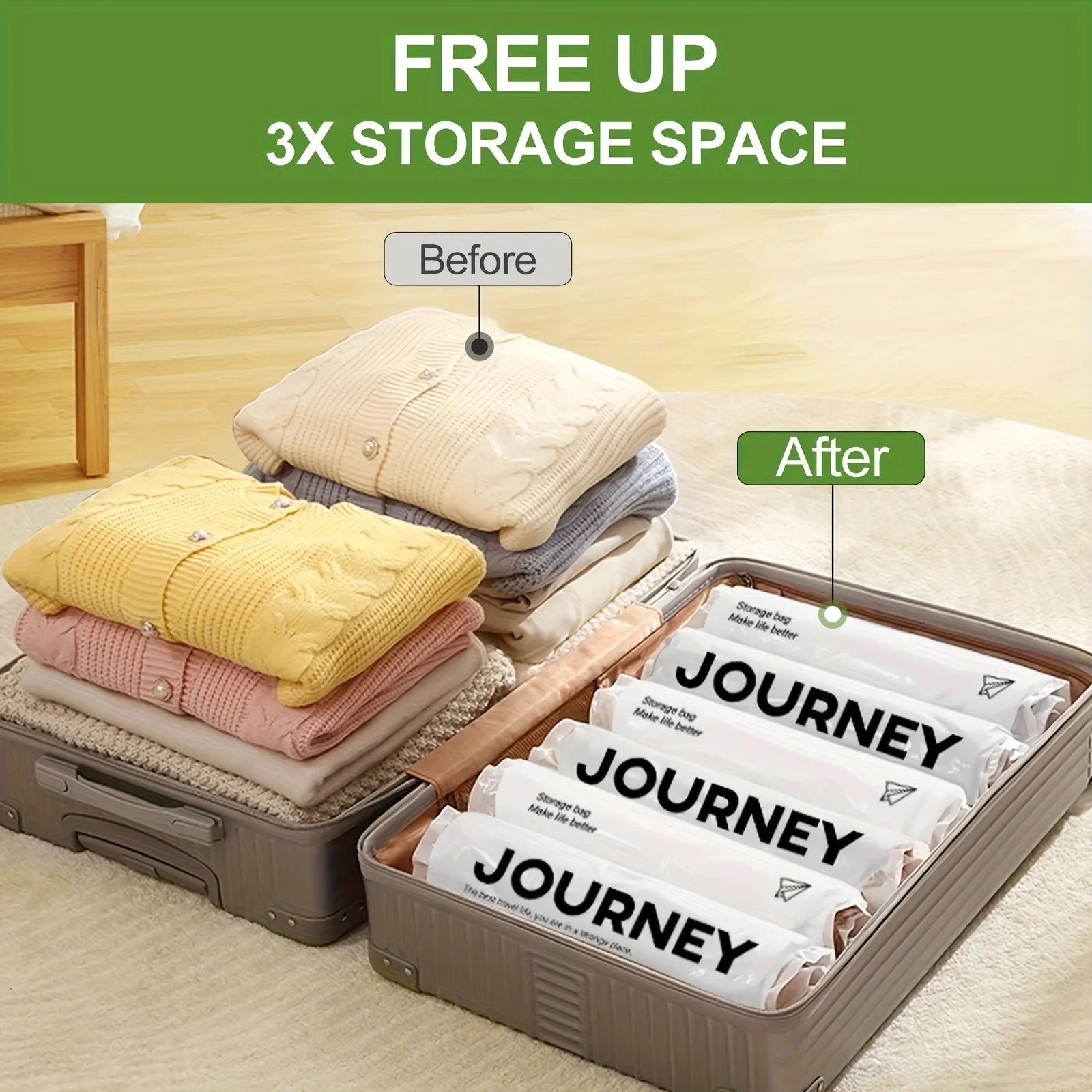 2pcs Vacuum Storage Bags, Hand-Rolled Travel Vacuum Storage Bags For Towels, Socks, Clothes, More , No Pump Needed
