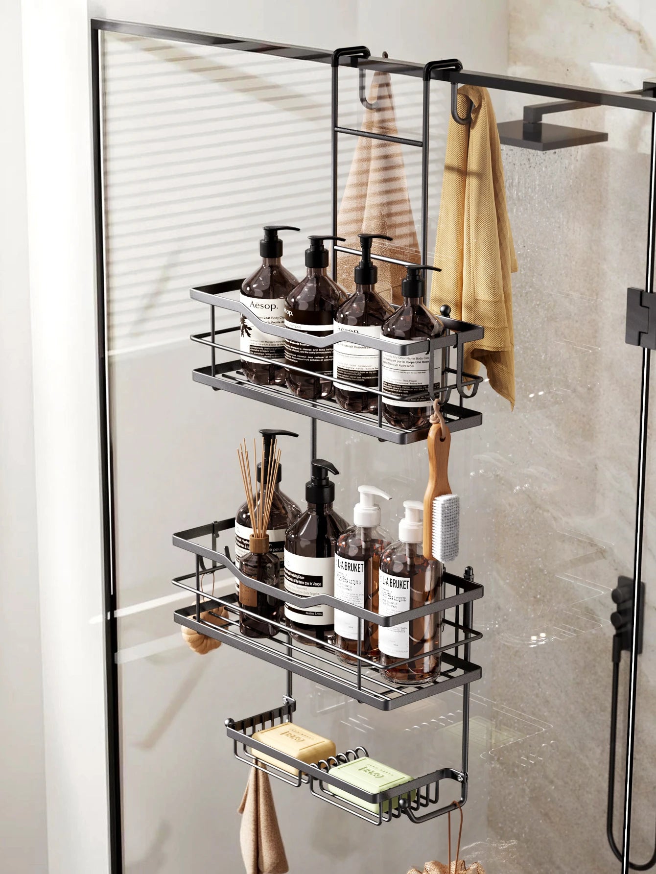 3-tier hanging shower caddy, large capacity hanging shower caddy, with 2 soap dishes BLACK/Silver