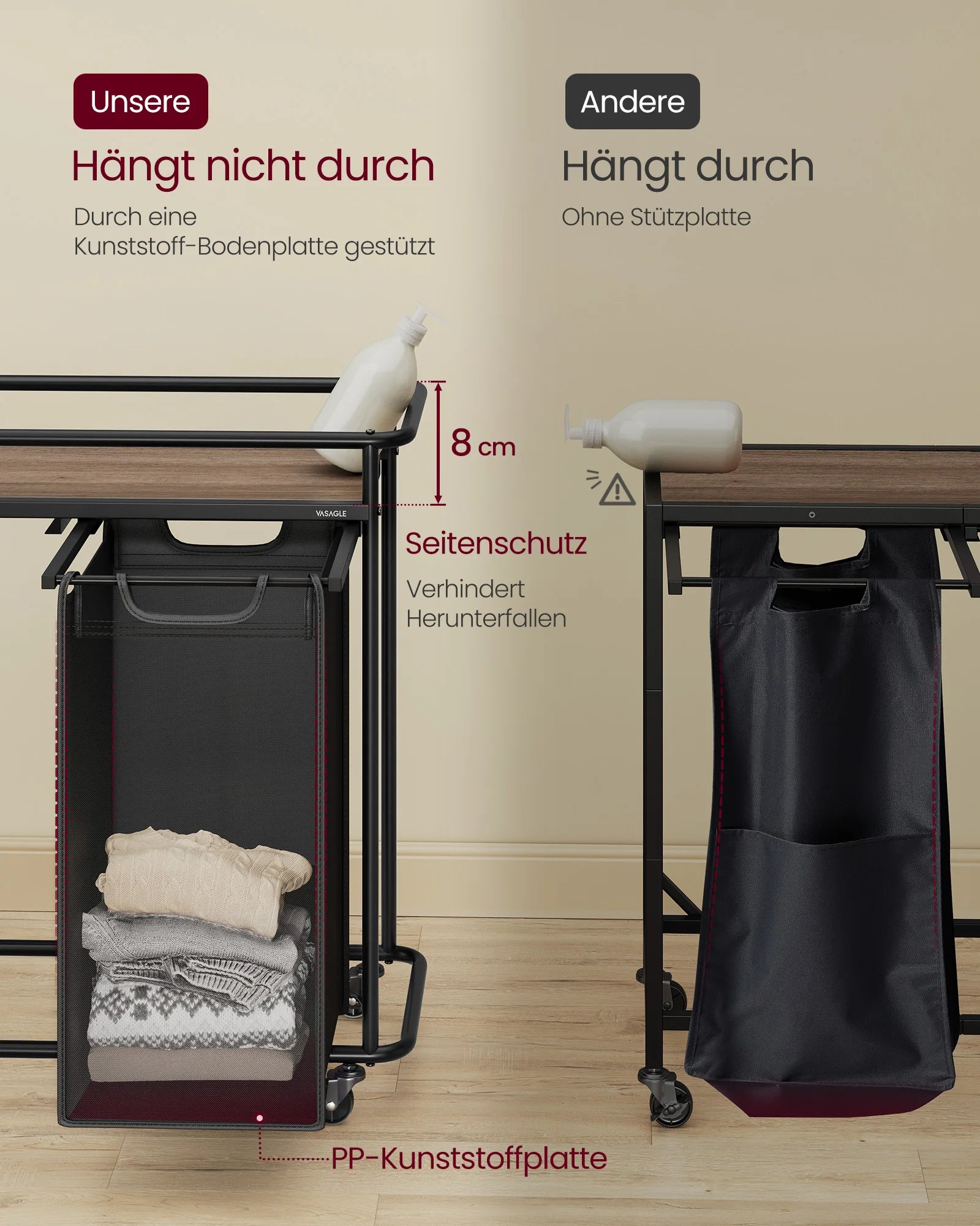 VASAGLE laundry basket with 3 compartments, laundry sorter with wheels, 150 L laundry cart with shelf, black-brown