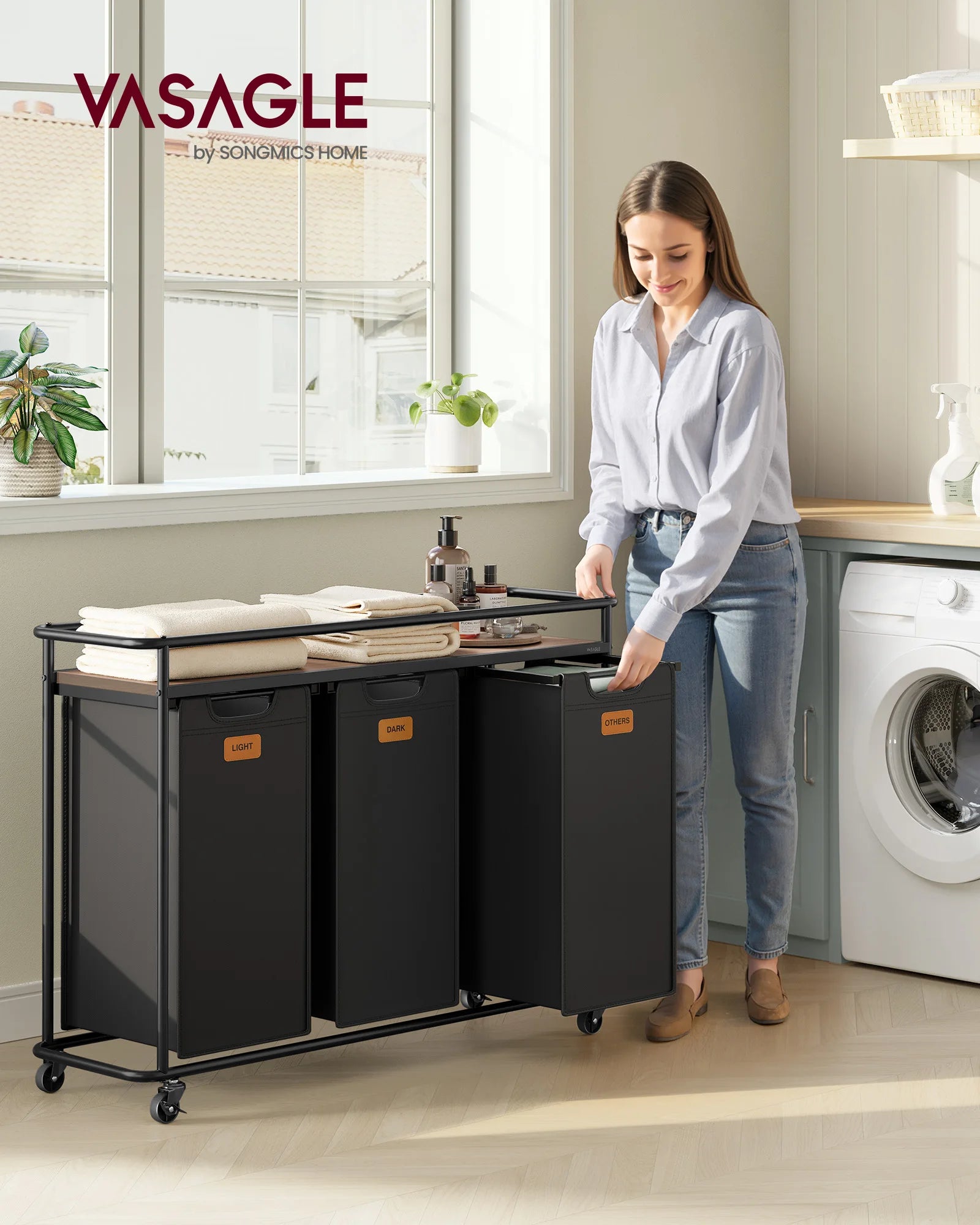 VASAGLE laundry basket with 3 compartments, laundry sorter with wheels, 150 L laundry cart with shelf, black-brown