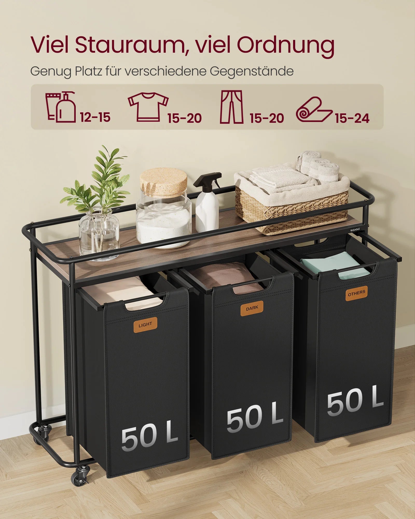 VASAGLE laundry basket with 3 compartments, laundry sorter with wheels, 150 L laundry cart with shelf, black-brown