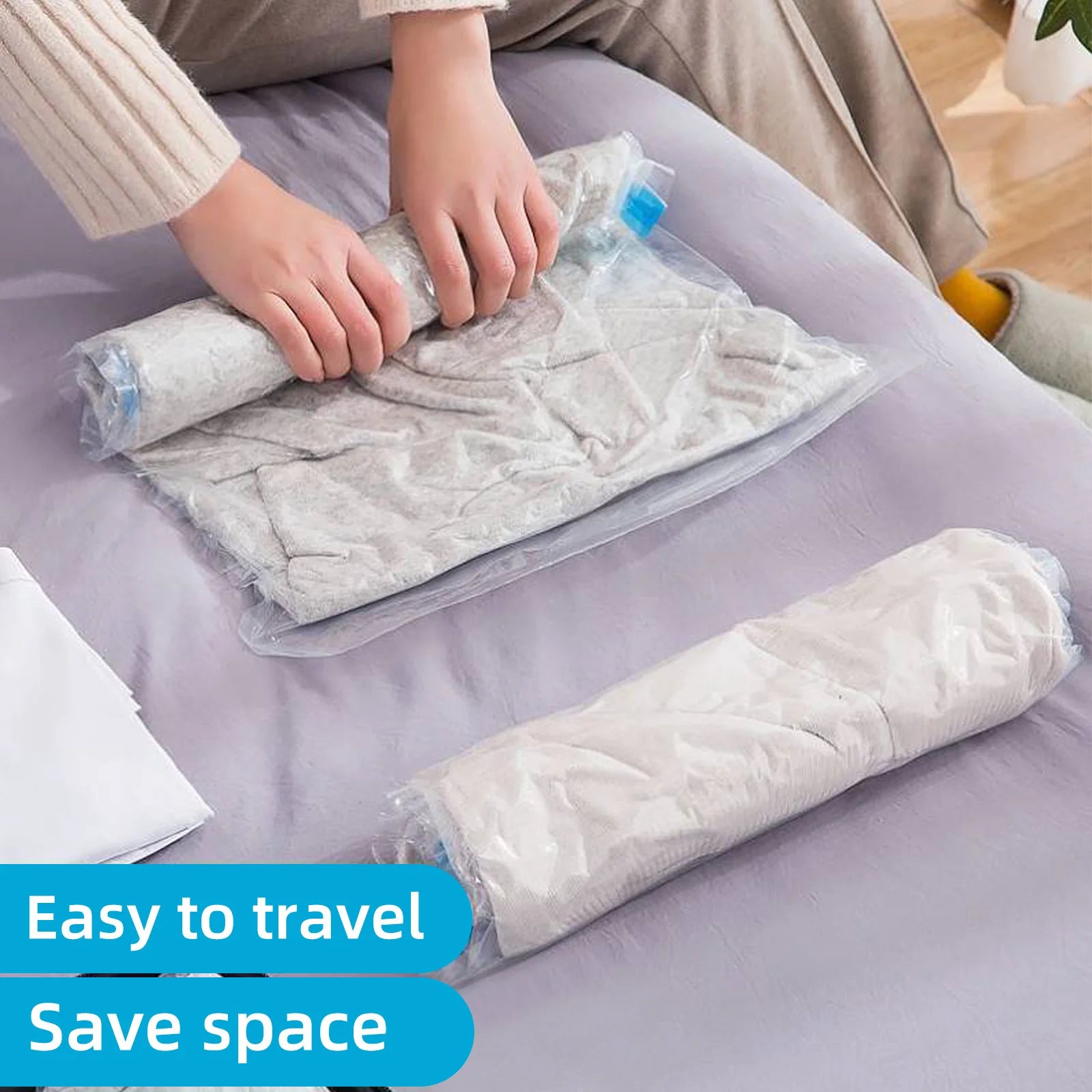 2pcs Vacuum Storage Bags Hand-Rolled Travel Vacuum Storage Bags For Towels Socks Clothes More No Pump Needed
