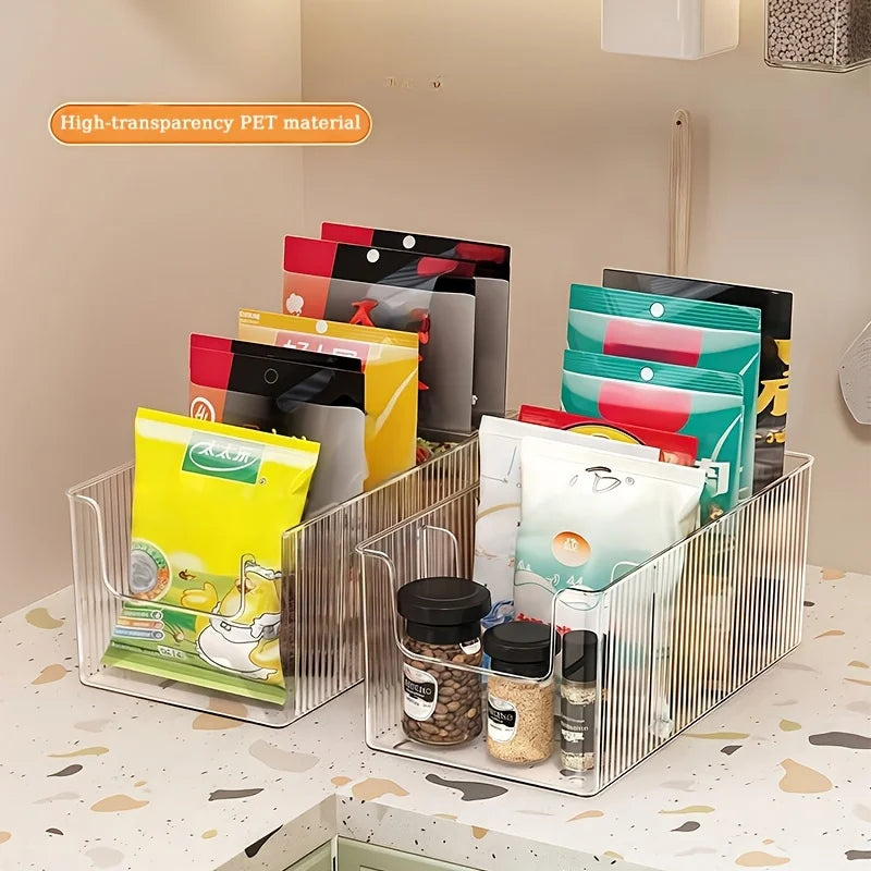 Clear Kitchen Storage Box with Detachable Dividers, Pantry Organizer Bin for Snacks Seasoning Packets, Cabinet Caddy Holder