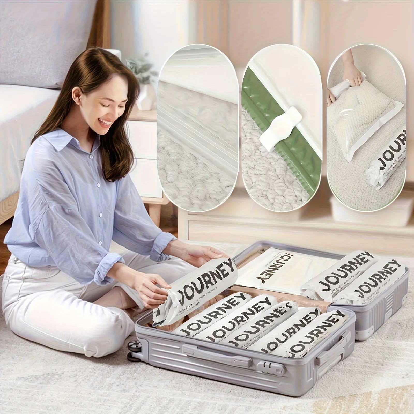 2pcs Vacuum Storage Bags, Hand-Rolled Travel Vacuum Storage Bags For Towels, Socks, Clothes, More , No Pump Needed