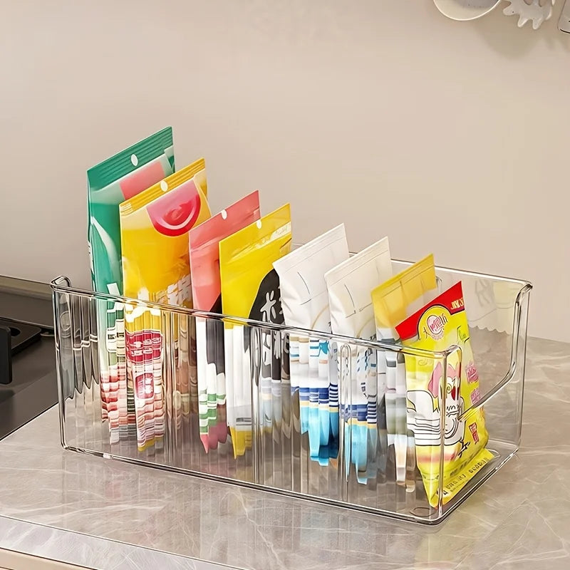 Clear Kitchen Storage Box with Detachable Dividers, Pantry Organizer Bin for Snacks Seasoning Packets, Cabinet Caddy Holder