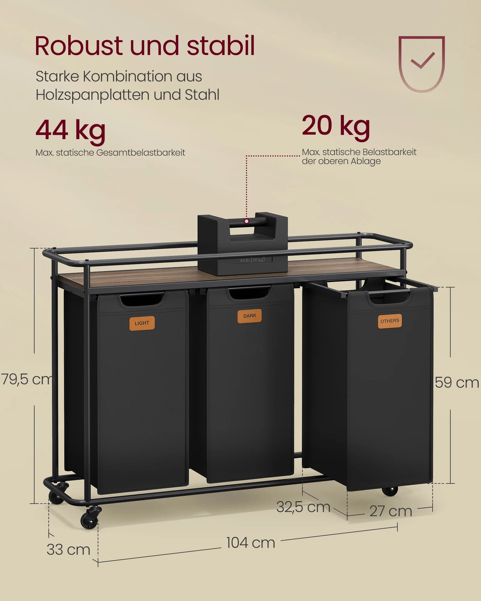 VASAGLE laundry basket with 3 compartments, laundry sorter with wheels, 150 L laundry cart with shelf, black-brown
