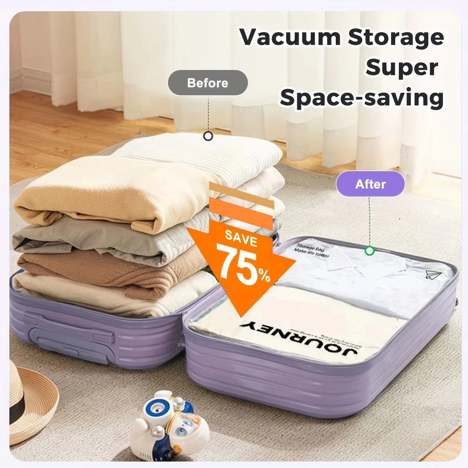2pcs Vacuum Storage Bags, Hand-Rolled Travel Vacuum Storage Bags For Towels, Socks, Clothes, More , No Pump Needed