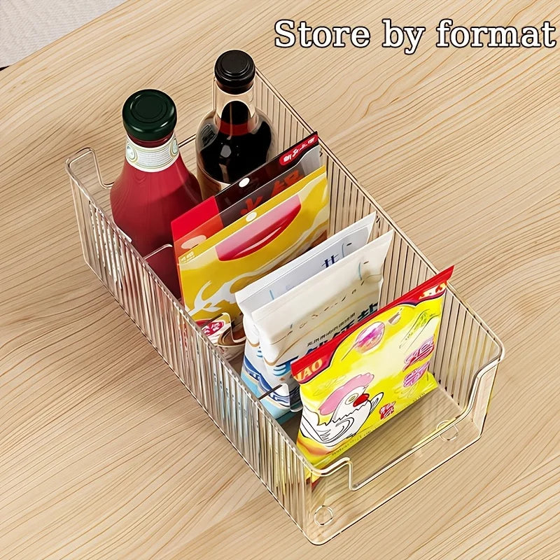 Clear Kitchen Storage Box with Detachable Dividers, Pantry Organizer Bin for Snacks Seasoning Packets, Cabinet Caddy Holder