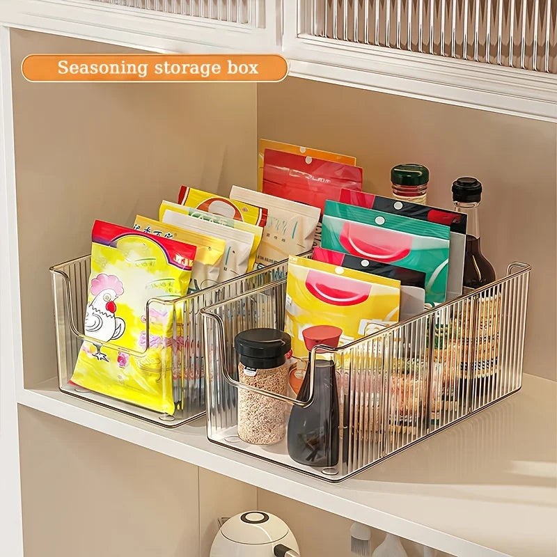 Clear Kitchen Storage Box with Detachable Dividers, Pantry Organizer Bin for Snacks Seasoning Packets, Cabinet Caddy Holder
