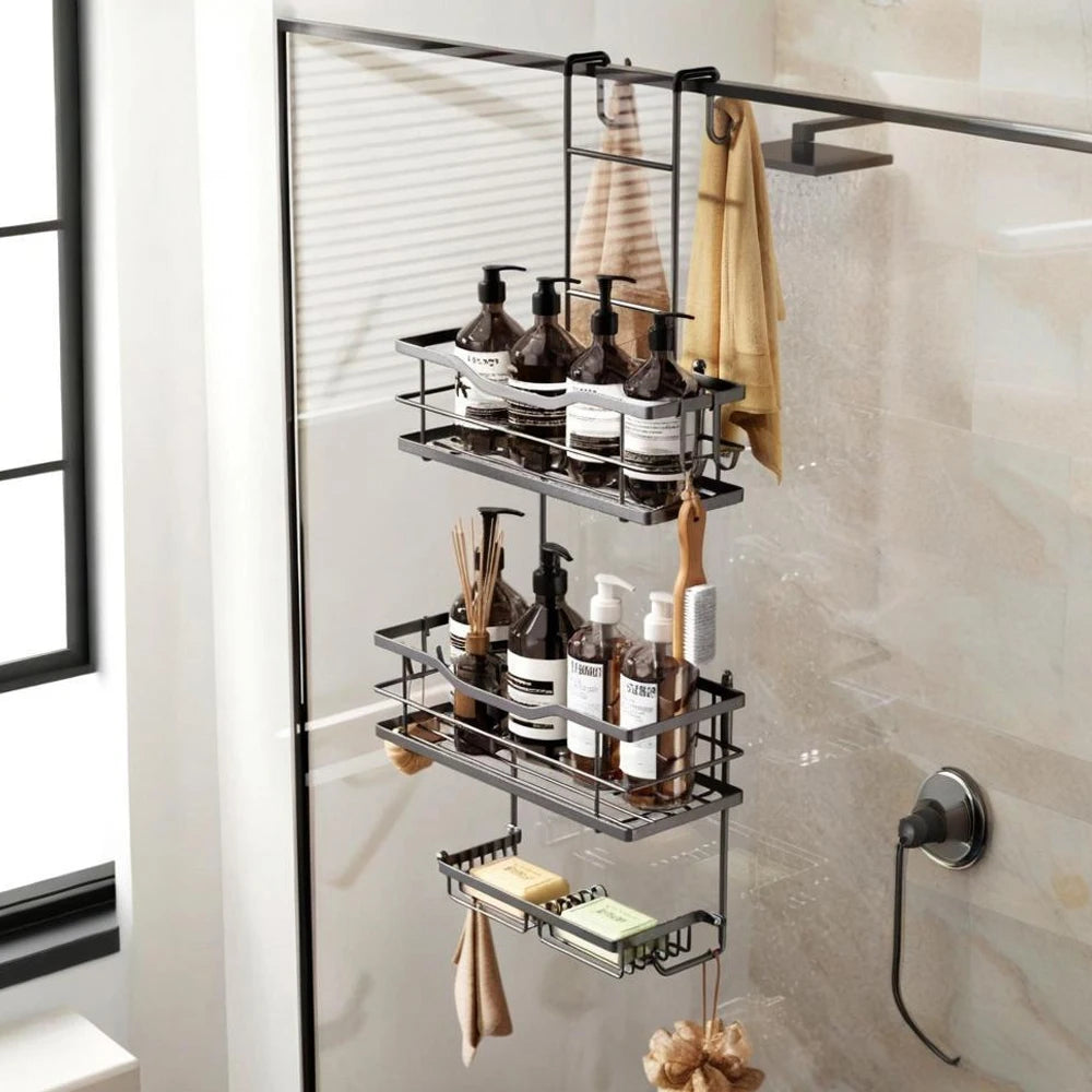 3-tier hanging shower caddy, large capacity hanging shower caddy, with 2 soap dishes BLACK/Silver