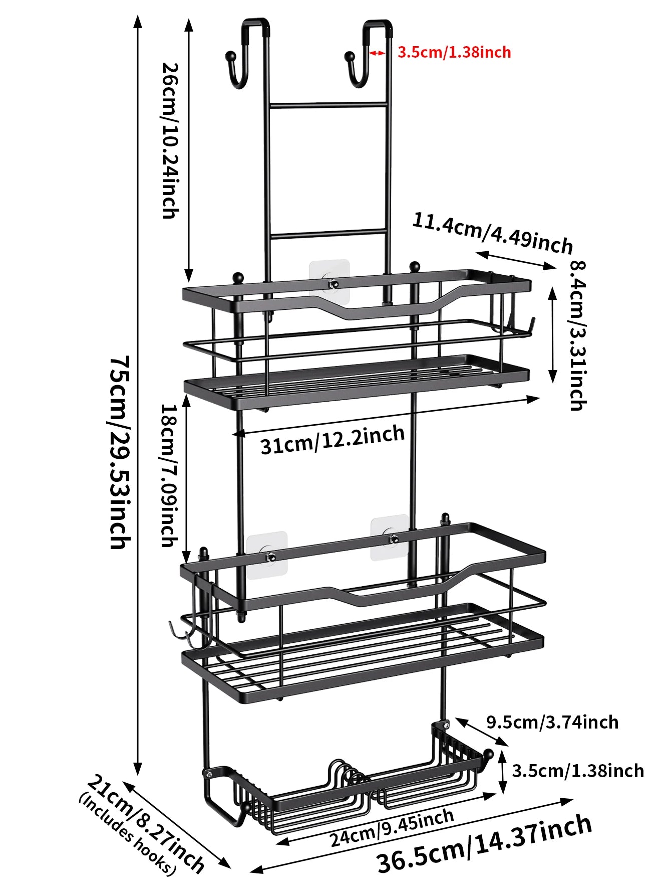 3-tier hanging shower caddy, large capacity hanging shower caddy, with 2 soap dishes BLACK/Silver