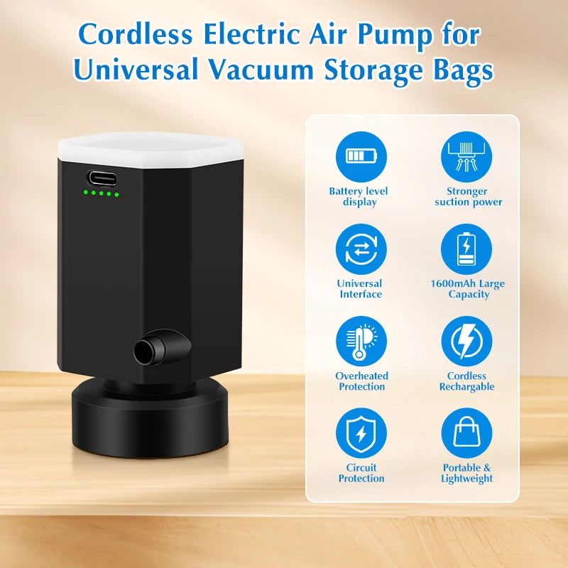 Cordless Electric Pump for Vacuum Storage Bags Portable Universial Travel Air Pump for Compression Clothes, Blanket, Luggage