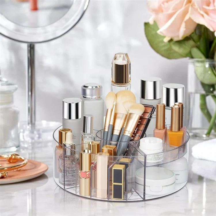360° Rotating Makeup Organizer 10in Clear Turntable Lazy Susan Organizer Spinning Cosmetic Storage Holder with 6 Dividers JAF225