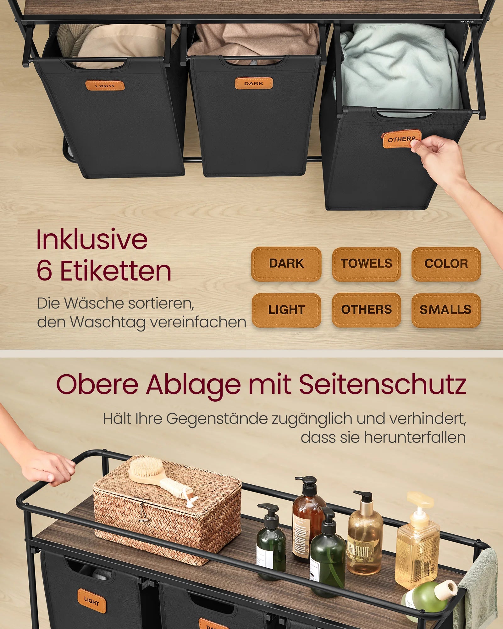 VASAGLE laundry basket with 3 compartments, laundry sorter with wheels, 150 L laundry cart with shelf, black-brown