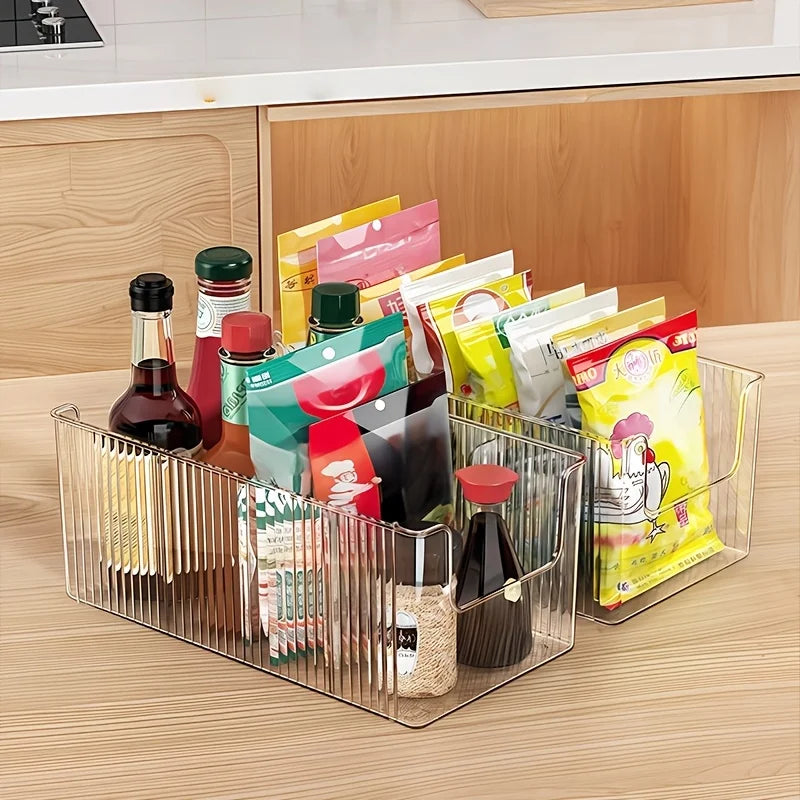 Clear Kitchen Storage Box with Detachable Dividers, Pantry Organizer Bin for Snacks Seasoning Packets, Cabinet Caddy Holder