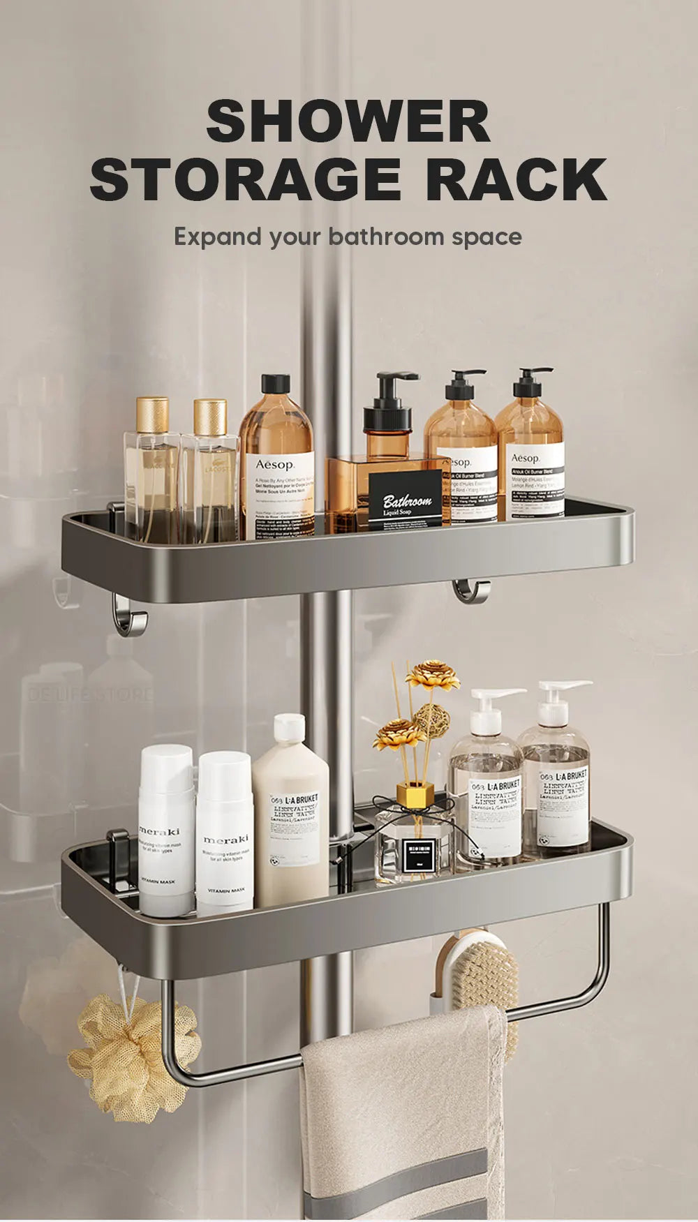 1/2PCS Punch-Free Shower Caddy With Towel Rod Bathroom Shelf Shampoo Soap Holder Shower Tray For Toilet Bathroom Organizer