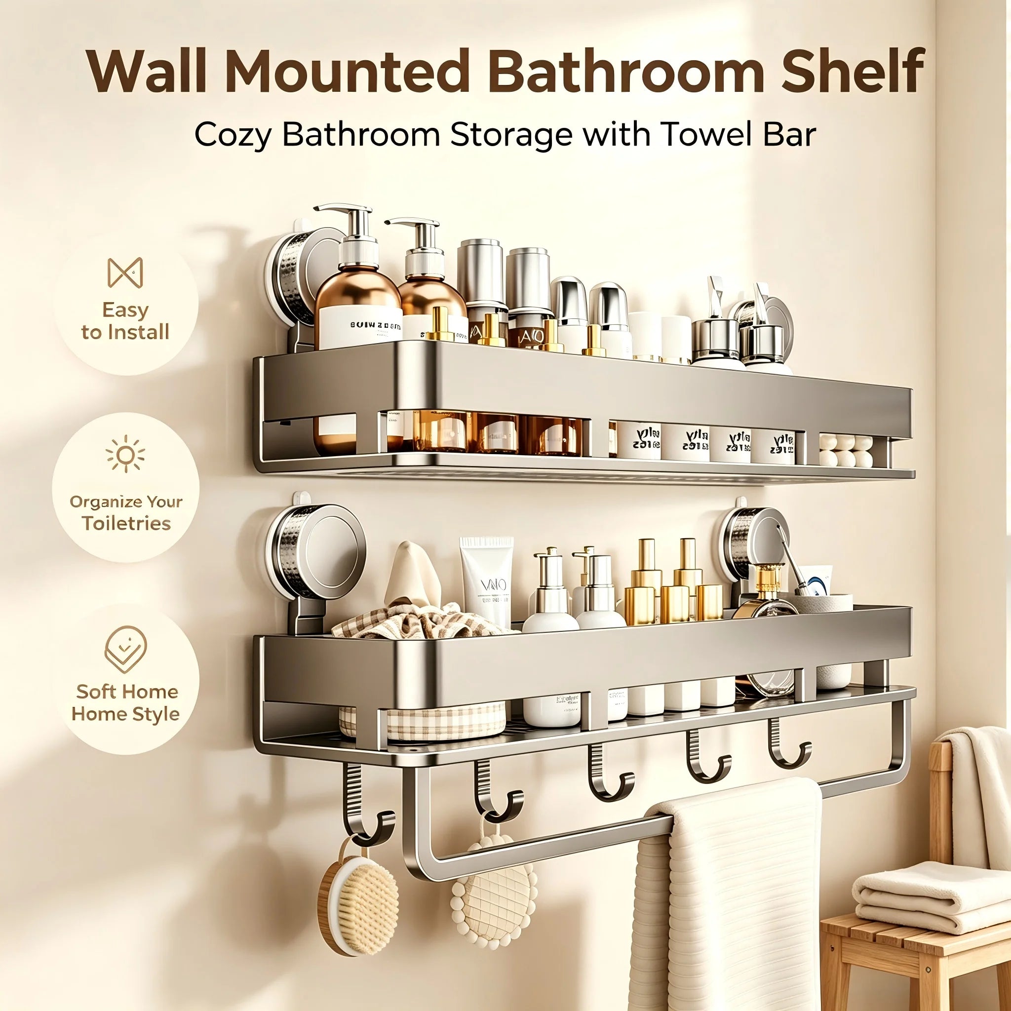 Suction Cup Bathroom Shelf,Wall Mounted Shower Organizer for Toiletries,Hanging Rack for Washbasin and Shower Storage