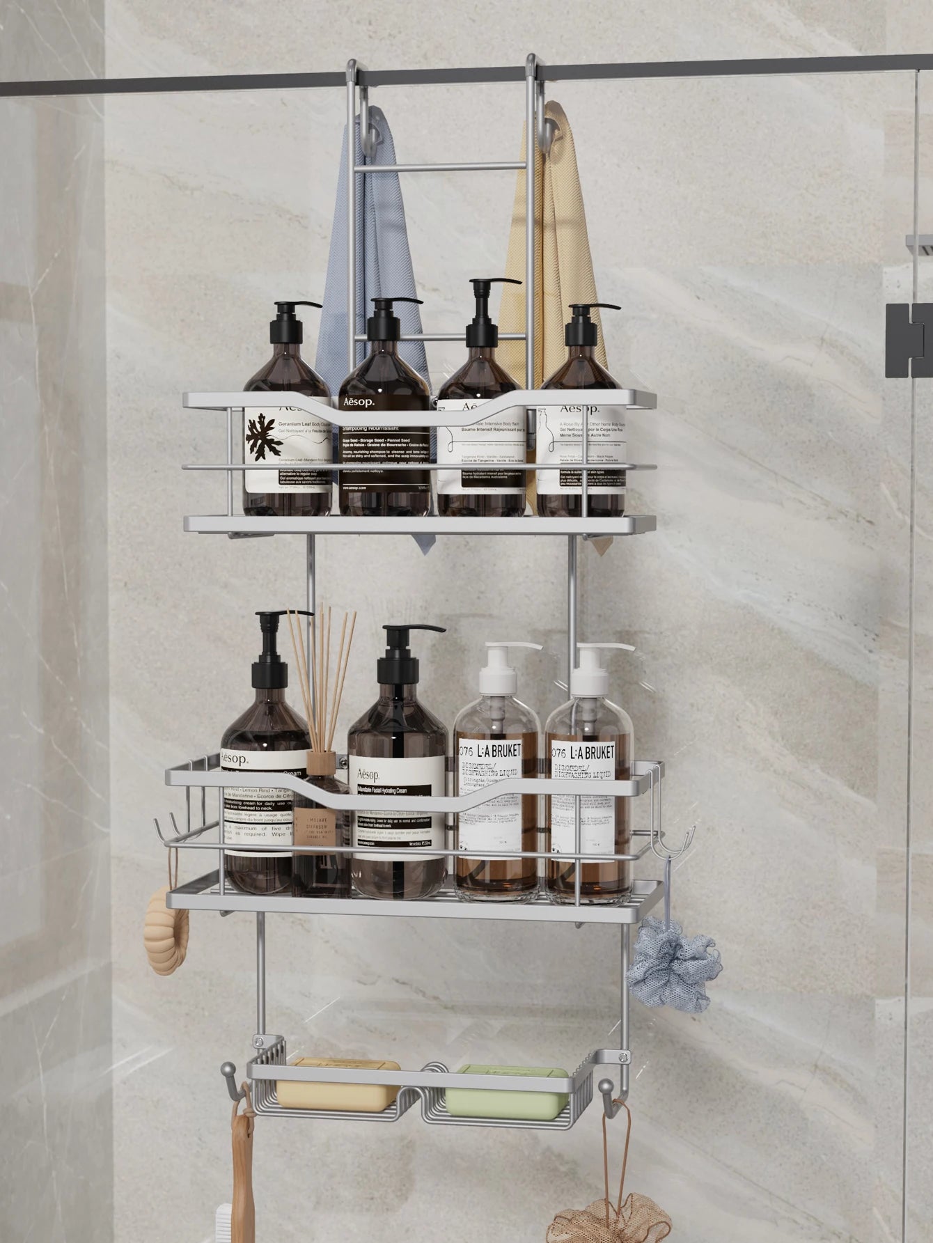 3-tier hanging shower caddy, large capacity hanging shower caddy, with 2 soap dishes BLACK/Silver
